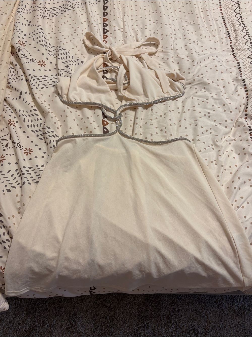 Meshki Cream Halter Backless Dress with Rhinestone Trim